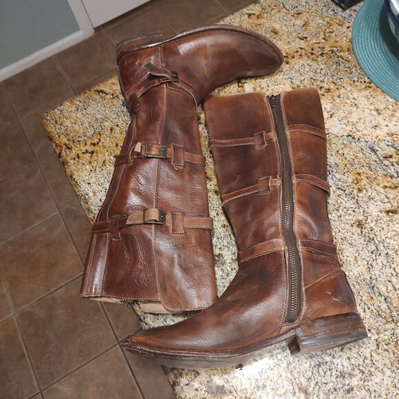 Bed Stu Bench Made Brown Leather Zip Buckle Knee High Boots Womens Size 8.5 - Picture 4 of 14
